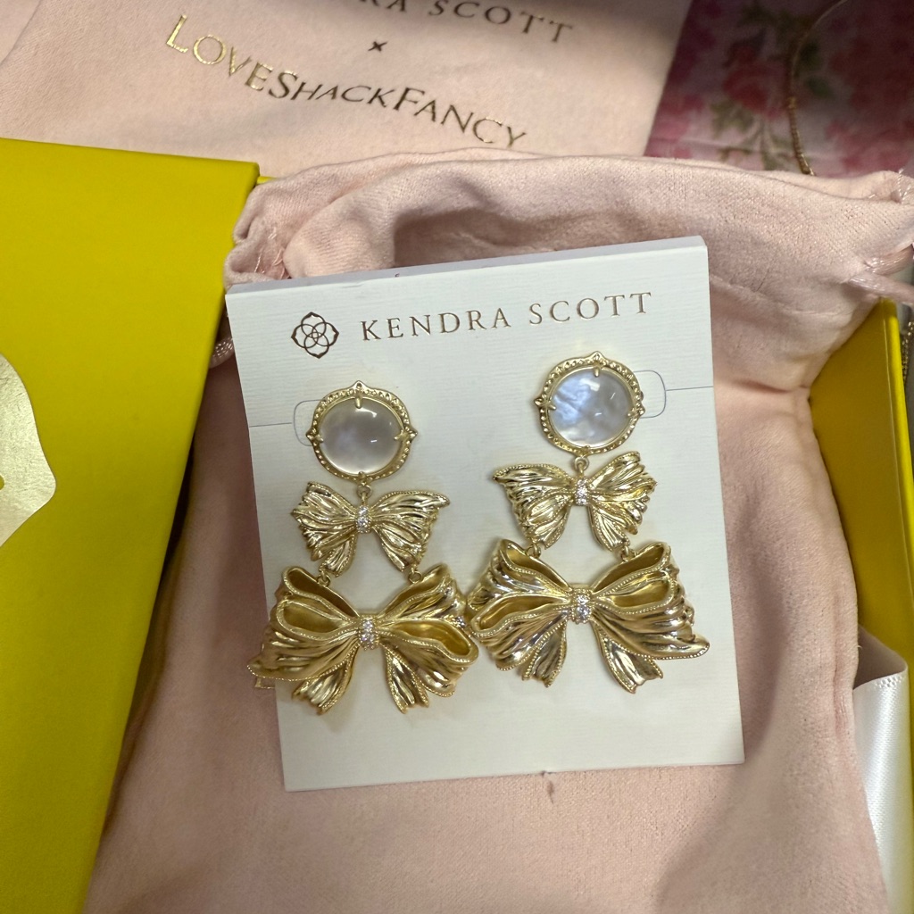 Kendra Scott X Loveshackfancy Gold Double Bow White Stone Earrings New